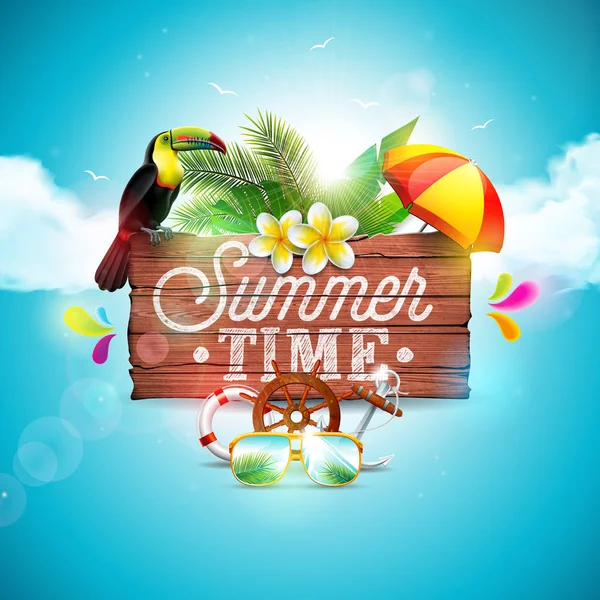 Vector Summer Time Ilustração tipográfica de férias com pássaro tucano sobre fundo de madeira vintage. Plantas tropicais, flores, óculos de sol e protetor solar com céu azul nublado. Modelo de design para banner — Vetor de Stock