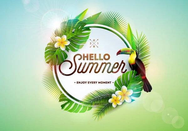 Иллюстрация Hello Summer с птицей тукан на заднем плане. Экзотические листья и цветок с элементом праздничной типографии. шаблон векторного дизайна баннера, флаера, приглашения, брошюры, плаката или — стоковый вектор