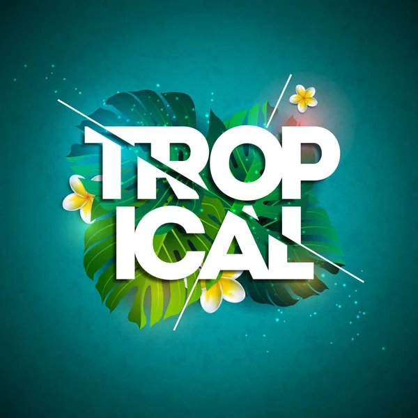 Vector Tropical Holiday ilustração tipográfica com folha exótica e flor sobre fundo azul. Modelo de design de verão para banner, panfleto, convite, brochura, cartaz ou cartão de saudação . — Vetor de Stock
