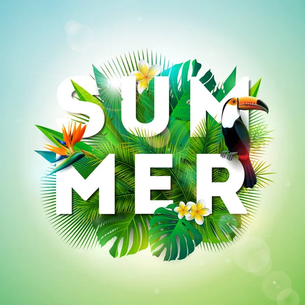 Summer illustration with toucan bird and parrots beak flower on tropical background. Exotic leaves with holiday typography element. Vector design template for banner, flyer, invitation, brochure — Stock Vector