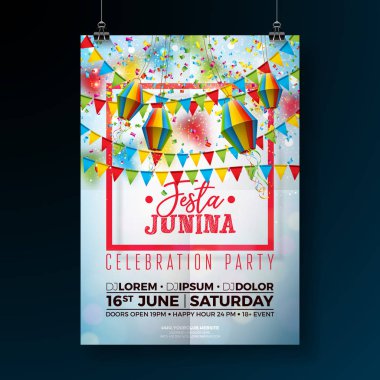 Festa Junina parti el ilanı illüstrasyon bayrakları ve kağıt fener düşen konfeti arka plan ile. Vektör Brezilya June Festivali tasarım daveti veya tatil kutlama Poster için.