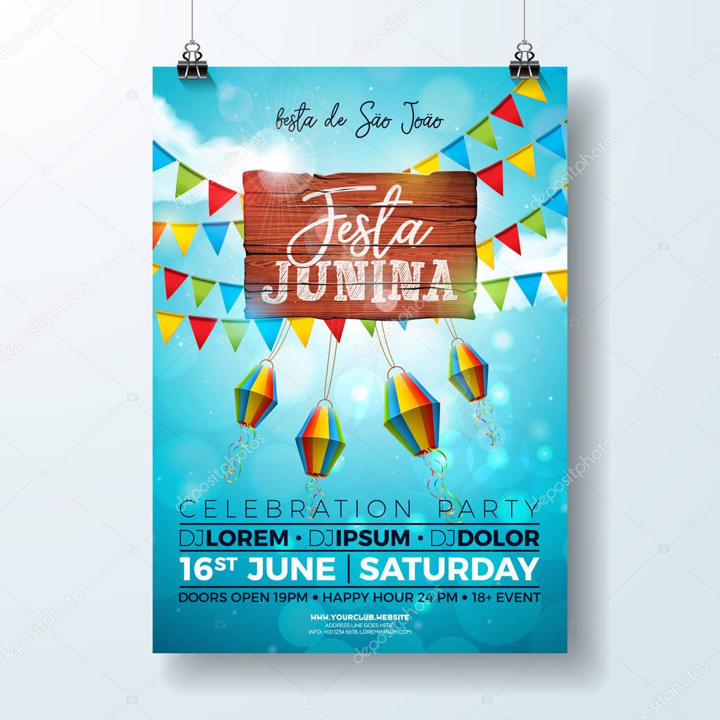 Festa Junina Party Flyer Illustration with typography design on vintage wood board. Flags and Paper Lantern on Blue Sky Background. Vector Brazil June Festival Design for Invitation or Holiday