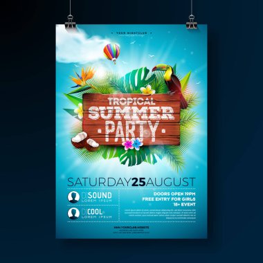 Vektör yaz plaj partisi el ilanı tasarım ahşap doku arka plan üzerinde tipografik elemanları ile. Yaz doğa çiçek öğeleri, tropikal bitki, çiçek, mavi bulutlu gökyüzü ile toucan kuş ve hava balon