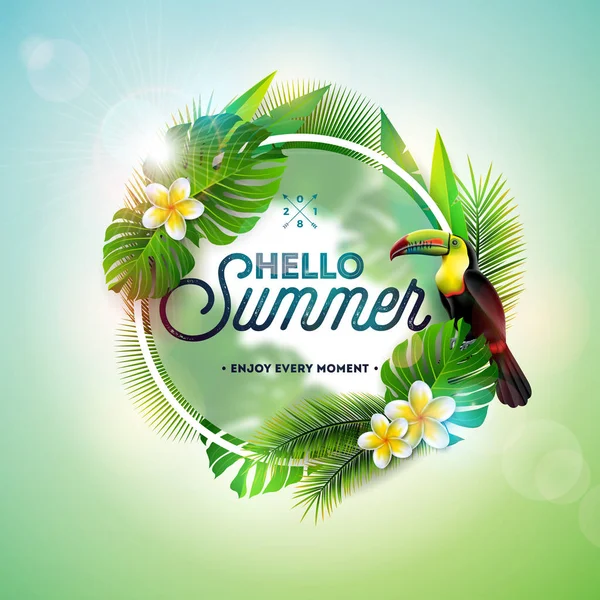 Hello Summer illustration with toucan bird on tropical background. Exotic leaves and flower with holiday typography element. Vector design template for banner, flyer, invitation, brochure, poster or — Stock Vector
