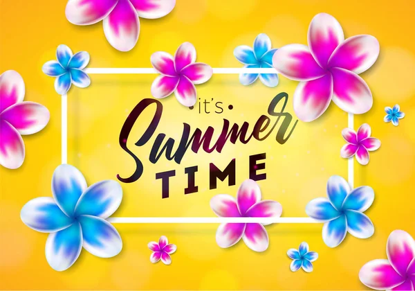 La sua illustrazione Summer Time con fiore su sfondo giallo sole. Modello di design tipografico Tropical Holiday per banner, volantino, invito, brochure, poster o biglietto di auguri . — Vettoriale Stock