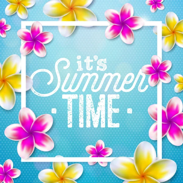 La sua illustrazione Summer Time con fiore su sfondo blu. Modello di design tipografico Tropical Holiday per banner, volantino, invito, brochure, poster o biglietto di auguri . — Vettoriale Stock