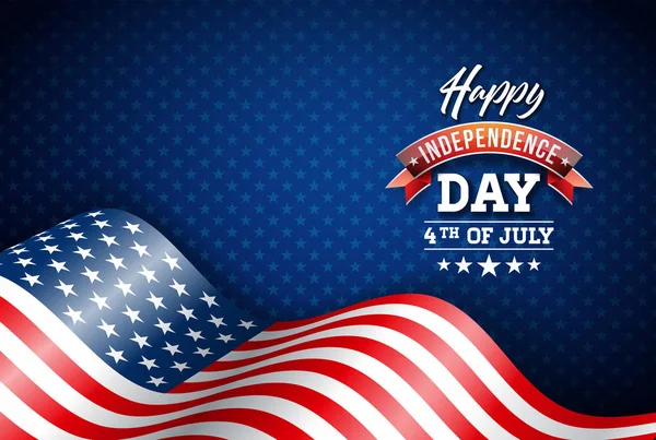 Feliz Dia da Independência dos EUA Ilustração vetorial. Projeto de 4 de julho com bandeira em fundo azul para banner, cartão de saudação, convite ou cartaz de férias . —  Vetores de Stock