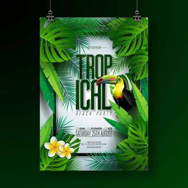 Vector Summer Tropical Beach Party Flyer Design com elementos tucanos, florais e tipográficos sobre fundo de folha exótica. Natureza de verão elementos florais, plantas tropicais. Modelo de design para banner — Vetor de Stock