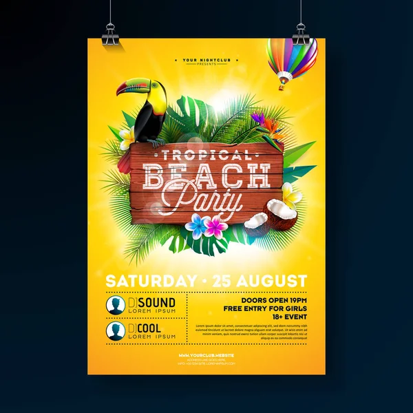 Vector Summer Beach Party Flyer Design with typographic elements on wood texture background. Tropical plants, flower, toucan bird, coconut and air balloon with blue cloudy sky. Holiday design template — Stock Vector