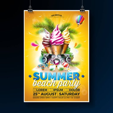Vektör yaz Beach parti el ilanı tasarımı dondurma ve hoparlör parlak arka plan ile. Tropikal bitki, çiçek, güneş gözlüğü, plaj topu ve hava balonu güneş ışınları ile. Tatil tasarım şablonu için