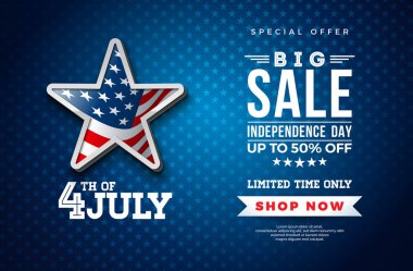 Dört Temmuz. Bağımsızlık günü satış Banner tasarımı 3d Star koyu arka plan üzerinde bayrak ile. ABD ulusal tatil vektör çizim özel indirim Tipografi elemanları ile kupon, fiş, afiş için