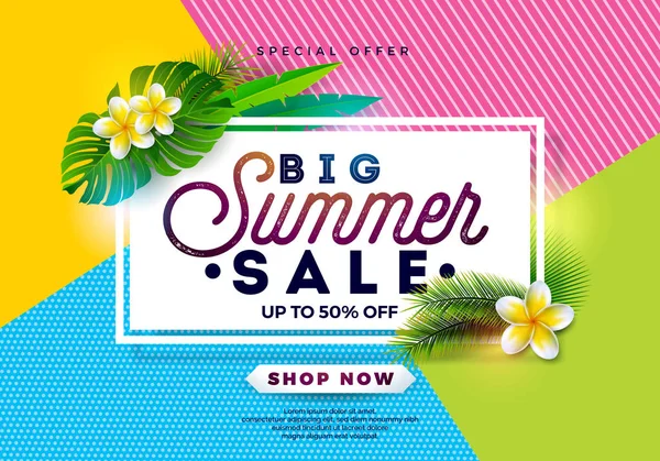 Yaz Satılık tasarım çiçek ve egzotik renk arka plan üzerinde bırakır. Kupon, fiş, afiş, el ilanı için özel indirim Tipografi elemanları ile tropikal çiçek vektör çizim