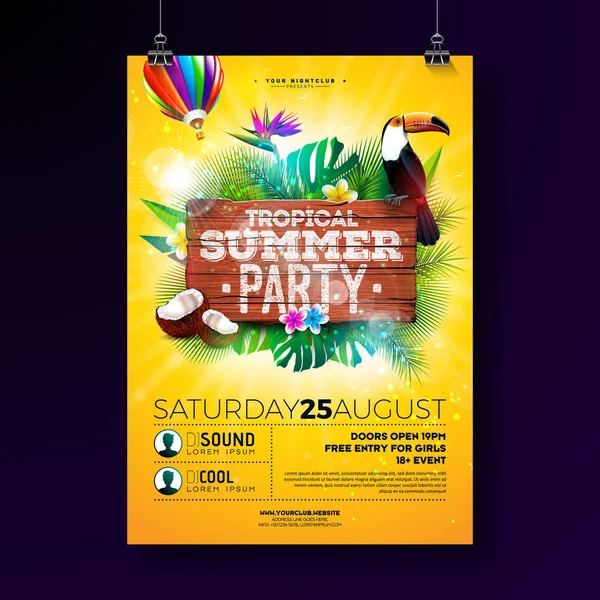 Vector Summer Beach Party Flyer Design avec des éléments typographiques sur fond de texture bois. Plantes tropicales, fleur, oiseau toucan, noix de coco et ballon à air avec ciel nuageux bleu. Modèle de conception de vacances — Image vectorielle