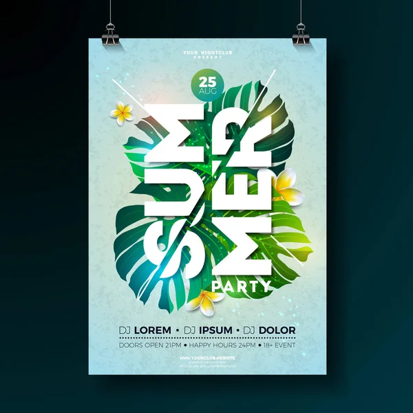 Vector Summer Beach Party Flyer Design mavi arka planda çiçek ve tropikal bitkiler. Yaz doğası çiçek elementleri ve tipografik harf. Pankart, el ilanı, davet, poster için tasarım şablonu. — Stok Vektör