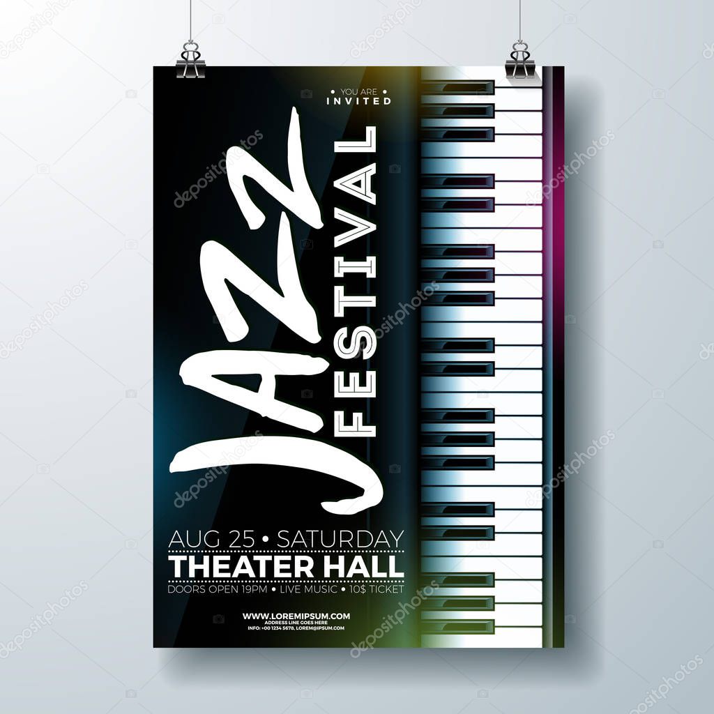 Jazz Music Festival Flyer Design with Piano Keyboard on Dark Background. Vector Party Illustration Template for Invitation Poster, Promotional Banner, Brochure, or Greeting Card.