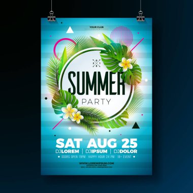 Vector Summer Party Flyer Design tropikal yaprakları ve mavi arka planda çiçekleri var. Yaz doğası çiçek elementleri. Pankart, davet, olay posteri için tasarım şablonu.