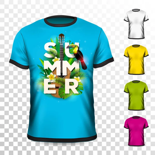夏季假期 T恤设计与热带叶 声波吉他和巨嘴鸟鸟在透明的背景 带有颜色变异的服装矢量设计模板 — 图库矢量图片