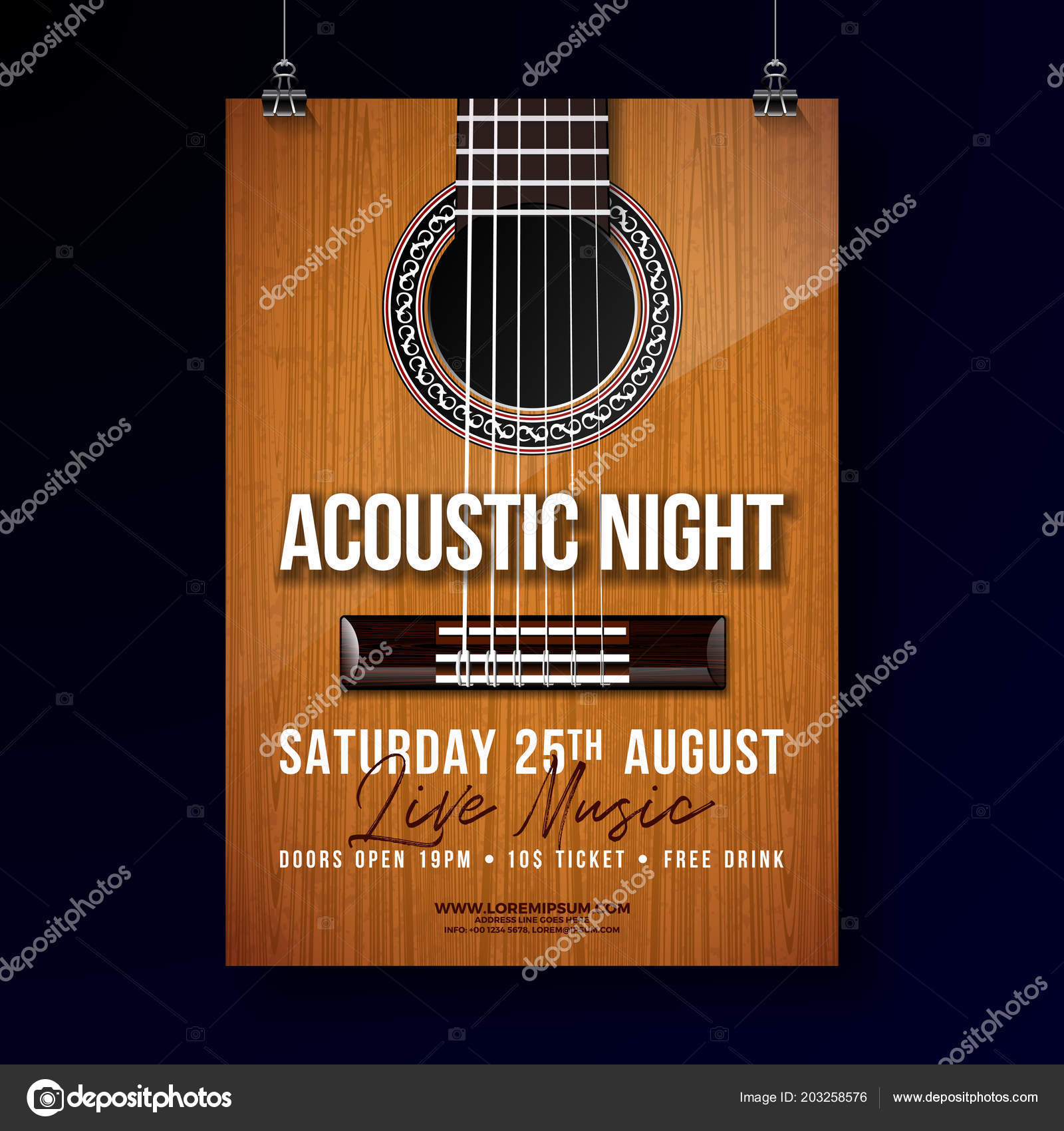Acoustic Night Party Flyer Design With String And Lettering On Guitar Background Vector Live Music Illustration Template For Invitation Poster Promotional Banner Brochure Or Greeting Card Vector Image By C Articular