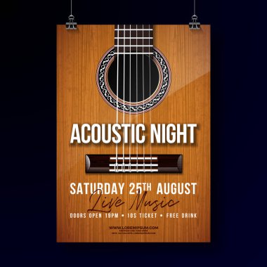 Gitar Arkaplanında Yaylı ve Harfli Akustik Gece Partisi Pilotu Tasarımı. Vector Live Music Illustration Şablonu Davet Posteri, Tanıtım Afişi, Broşür veya Tebrik Kartı.