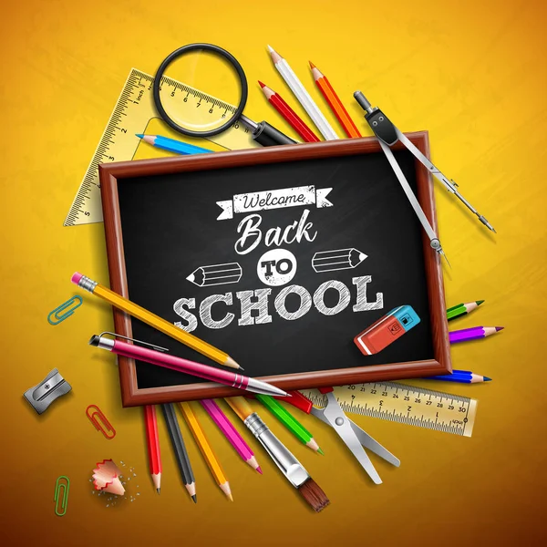 カラフルな鉛筆、消しゴム、黄色の背景に他の学校のアイテムとデザインの学校。ベクトル イラスト虫眼鏡、黒板とグリーティング カードのタイポグラフィ レタリング、バナー ベクターグラフィックス