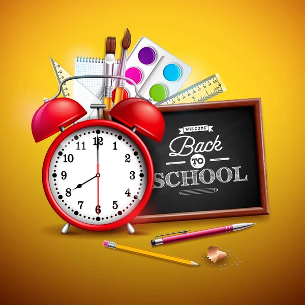 Back to school design with graphite pencil, pen and other school items on yellow background. Vector illustration with red alarm clock, chalkboard and typography lettering for greeting card, banner — Stock Vector