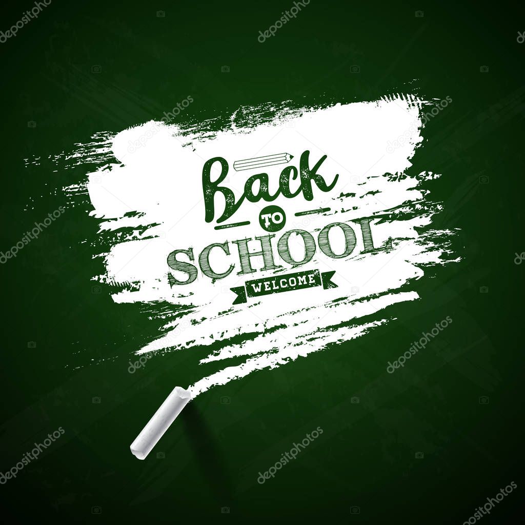 Back to school design with green chalkboard and typography lettering on yellow background. Vector illustration for greeting card, banner, flyer, invitation, brochure or promotional poster.