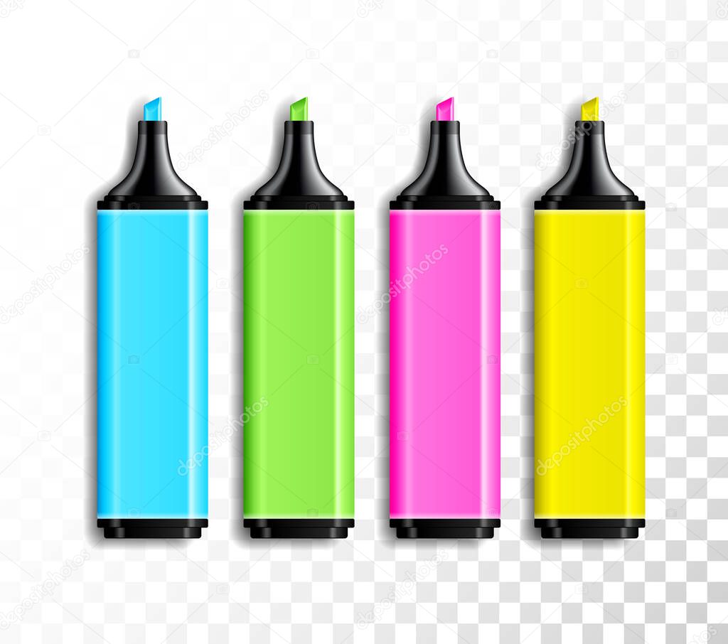 Design set of realistic colored highlighter pens on transparent background. School or office items, colorful pen vector illustration.