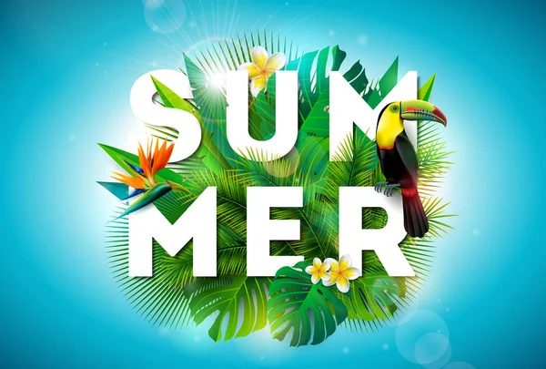 Illustratie van de zomer met toucan bird en papegaaien snavel bloem op tropische achtergrond. Bladeren van de exotische met vakantie typografie element. Vector ontwerpsjabloon voor banner, brochure, flyer, uitnodiging — Stockvector