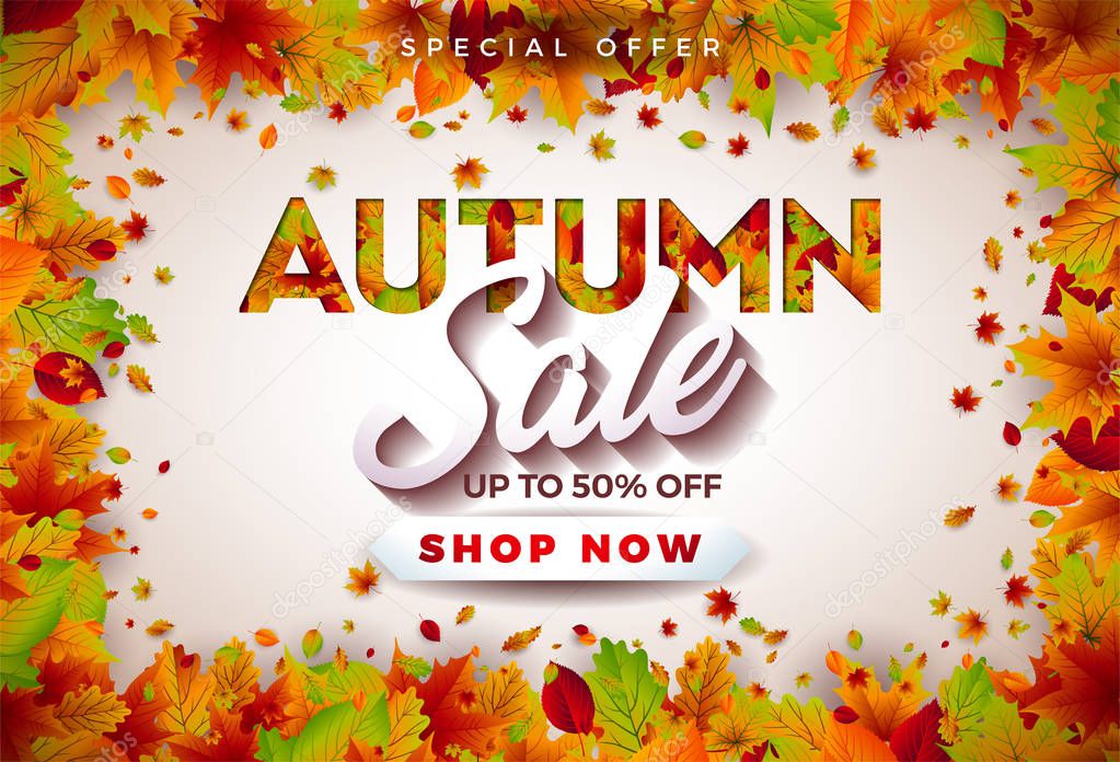 Autumn Sale Design with Falling Leaves and Lettering on White Background. Autumnal Vector Illustration with Special Offer Typography Elements for Coupon, Voucher, Banner, Flyer, Promotional Poster or