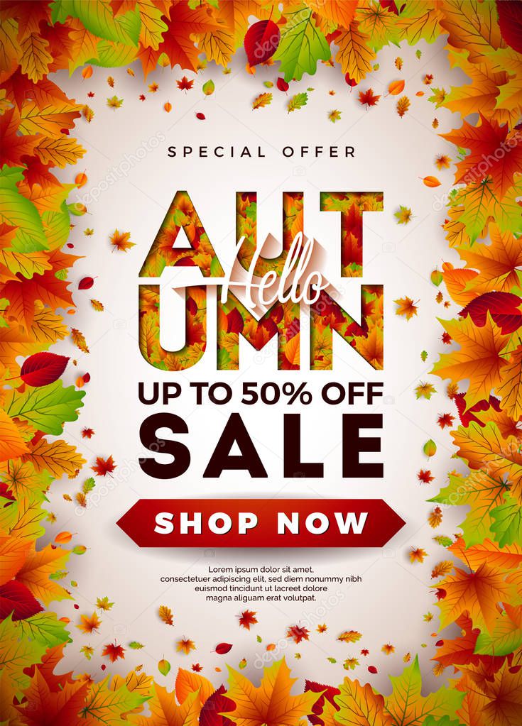 Autumn Sale Design with Falling Leaves and Lettering on Light Background. Autumnal Vector Illustration with Special Offer Typography Elements for Coupon, Voucher, Banner, Flyer, Promotional Poster or