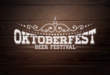 Oktoberfest illüstrasyon tipografi yazı vintage tahta arka plan ile. Oktoberfest vektör tasarımı tebrik kartı, afiş, el ilanı, davet veya posteri. Kutlama şablon için
