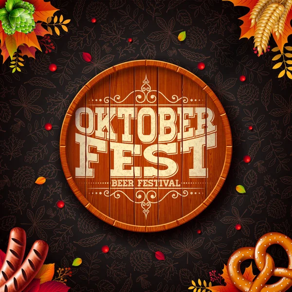 Oktoberfest illusztráció a tipográfia, a hordó sört. Perec, a kolbász és a lehulló őszi levelek sötét doodle mintás háttérrel nyomtatni. Holiday vector design üdvözlőlap, banner vagy szórólap — Stock Vector