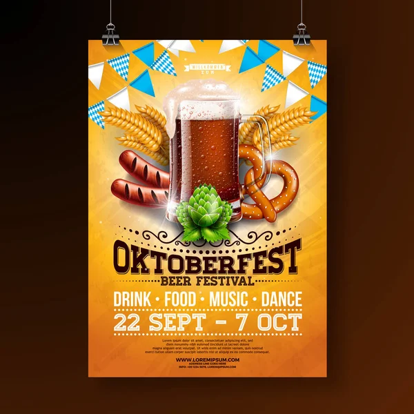 Ilustración de póster del partido Oktoberfest con cerveza oscura fresca, pretzel, salchichas y bandera de fiesta azul y blanca sobre fondo amarillo brillante. Plantilla de folleto de celebración vectorial para cerveza alemana tradicional — Archivo Imágenes Vectoriales