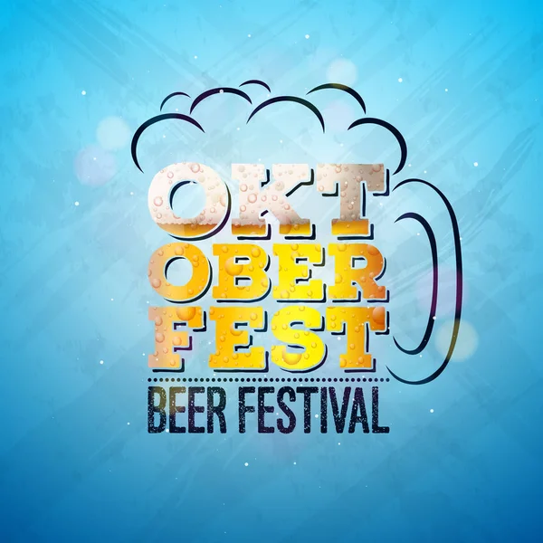 Oktoberfest Banner Illustration with Fresh Lager Beer in Typography Lettering on Shiny Blue Background. Vector tradicional alemán Festival de la cerveza Plantilla de diseño para tarjeta de felicitación, folleto de celebración o — Archivo Imágenes Vectoriales