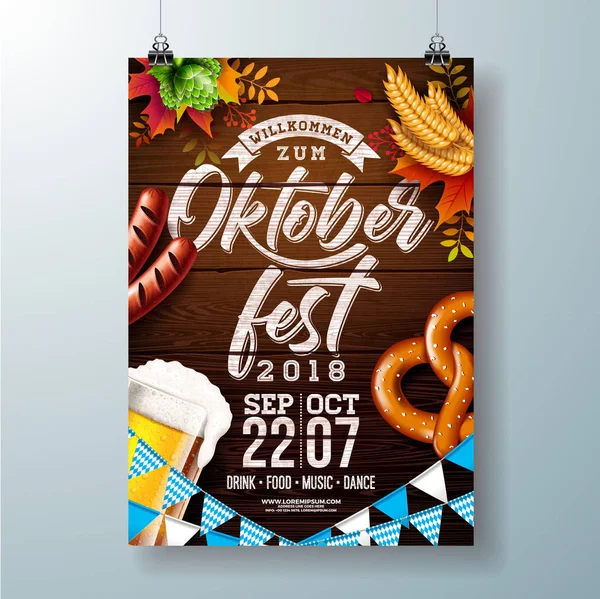 Oktoberfest part affisch vektorillustration med typografi brev, färsk öl, Kringla, korv och fallande hösten lämnar på trä textur bakgrund. Celebration flyer mall för traditionella — Stock vektor