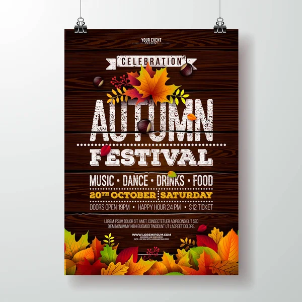 Autumn Party Flyer Ilustración con hojas caídas y diseño tipográfico sobre fondo de madera vintage. Diseño del festival de otoño vectorial para invitaciones o celebraciones navideñas. — Archivo Imágenes Vectoriales