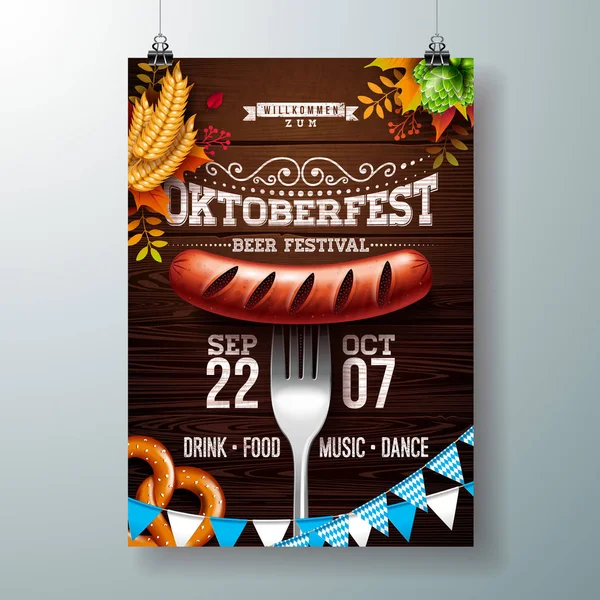 Ilustración de póster del Oktoberfest con carta tipográfica, pretzel, salchichas y hojas de otoño sobre fondo de textura de madera. Plantilla de diseño de folleto de celebración vectorial con bandera de fiesta azul y blanca para — Vector de stock