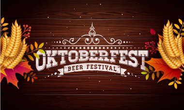 Oktoberfest afiş illüstrasyon tipografi yazı Vintage tahta arka plan ile. Tebrik kartı, davet için vektör geleneksel Alman bira festivali tasarım şablonu buğday ve sonbahar yaprakları