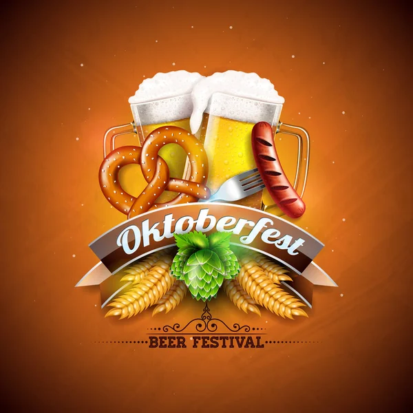 Oktoberfest bannert ábra friss sört, a búza és a Hop fényes sárga háttéren. Vektor hagyományos német sör fesztivál tervezősablon Bavaria fél lobogója és őszi levelek, a — Stock Vector