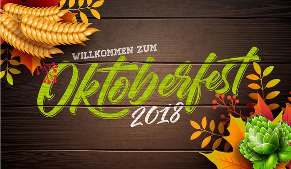 Oktoberfest Banner Illustration with Typography Lettering on Vintage Wood Background. Vector Traditional German Beer Festival Design Template with Wheat, Hop and Autumn Leaves for Greeting Card — Stock Vector