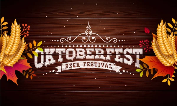 Oktoberfest Banner illusztráció a tipográfia betűkkel a szüreti fa háttér. Vektor hagyományos német sör fesztivál tervezősablon búza és őszi levelek az üdvözlőkártya, meghívó — Stock Vector