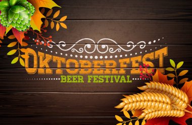 Oktoberfest afiş illüstrasyon tipografi yazı Vintage tahta arka plan ile. Tebrik kartı için vektör geleneksel Alman bira festivali tasarım şablonu buğday, Hop ve sonbahar yaprakları