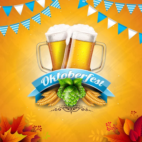 Oktoberfest Banner Illustration with Fresh Beer, Wheat and Hop on Shiny Yellow Background (en inglés). Plantilla de diseño del festival alemán tradicional de cerveza vectorial con bandera de fiesta de Baviera y hojas de autum para — Vector de stock