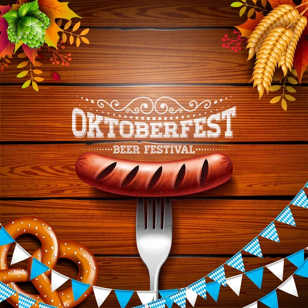 Oktoberfest Banner illusztráció a tipográfia betűkkel fa háttér. Vektor hagyományos német sör fesztivál Design Bavaria fél lobogója, a perec, a kolbász, a búza és a Hop-a üdvözlés — Stock Vector