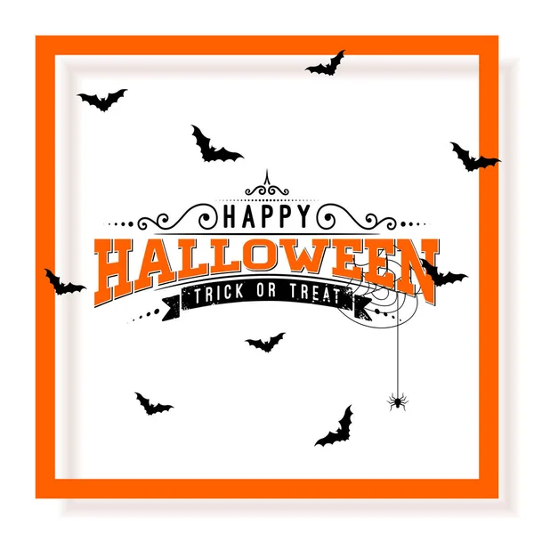Happy Halloween vector illustratie met typografie belettering, vliegende vleermuizen en spin op witte achtergrond. Vakantieontwerp voor wenskaart, banner, feestelijke poster, feestuitnodiging. — Stockvector