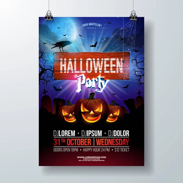 Halloween Party flyer vektorové ilustrace s strašidelné překližované dýně na mysteriózní měsíc pozadí. Šablona návrhu Holiday s vrány, pavouky, hřbitov a létající netopýři jsou pro strany, s pozdravem — Stockový vektor