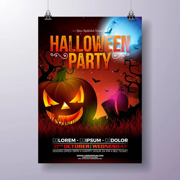 Halloween Party flyer vektorové ilustrace s strašidelné překližované dýně na mysteriózní měsíc pozadí. Šablona návrhu Holiday s hřbitovem a létající netopýři strany pozvánka, blahopřání, banner nebo — Stockový vektor