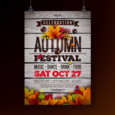 Eski ahşap arka planda düşen yapraklar ve tipografi tasarımı ile Sonbahar Partisi Flyer Illustration. Vektör Sonbahar Festivali Davet ya da Tatil Kutlama Posteri Tasarımı.