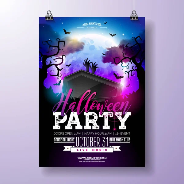 Halloween Party flyer vektorové ilustrace s černou rakví a zombie ruce na mysteriózní měsíc pozadí. Šablona návrhu Holiday s pavouky, hřbitov a létající netopýři jsou pro strany — Stockový vektor