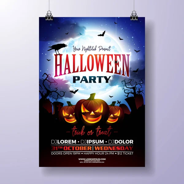 Halloween-Party Flyer Vektor Illustration mit gruseligen Gesicht Kürbis auf geheimnisvollem Mond Hintergrund. Urlaubs-Design-Vorlage mit Krähe, Friedhof und fliegenden Fledermäusen für Party-Einladung, Grußkarte — Stockvektor